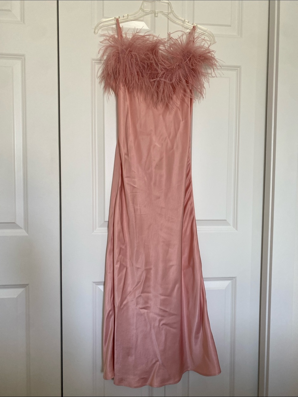 Sleeper Rose Pink Feather-Trim Satin Midi Dress